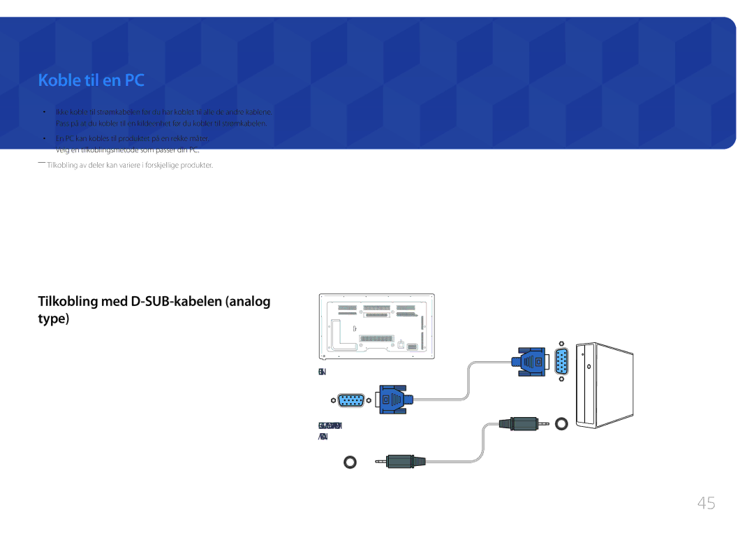 Samsung LH65MDCPLGC/EN manual Koble til en PC, Tilkobling med D-SUB-kabelen analog type 