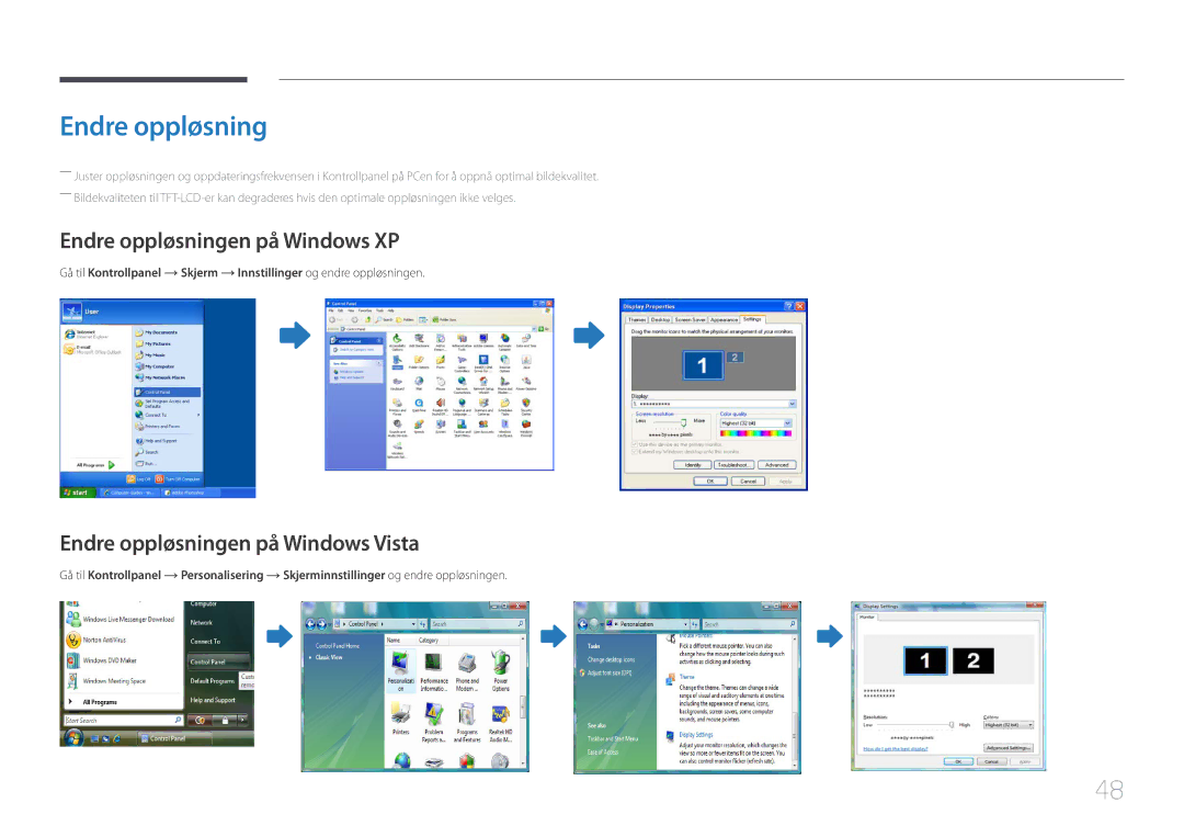 Samsung LH65MDCPLGC/EN manual Endre oppløsningen på Windows XP, Endre oppløsningen på Windows Vista 