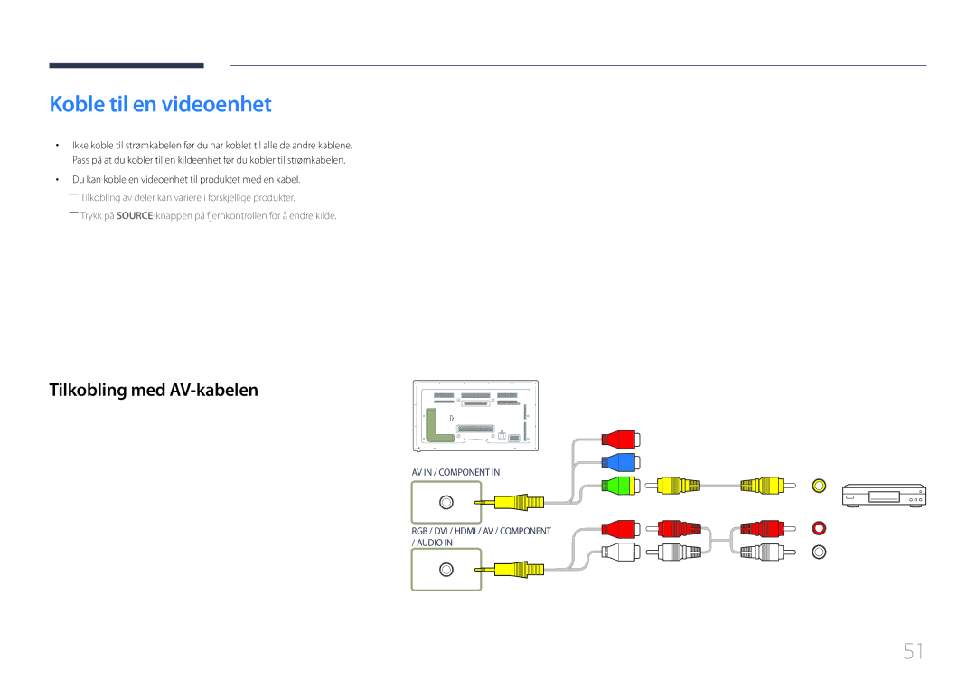 Samsung LH65MDCPLGC/EN manual Koble til en videoenhet, Tilkobling med AV-kabelen 