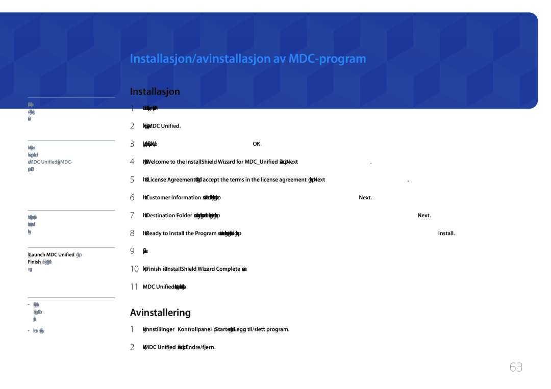 Samsung LH65MDCPLGC/EN manual Installasjon/avinstallasjon av MDC-program, Avinstallering 