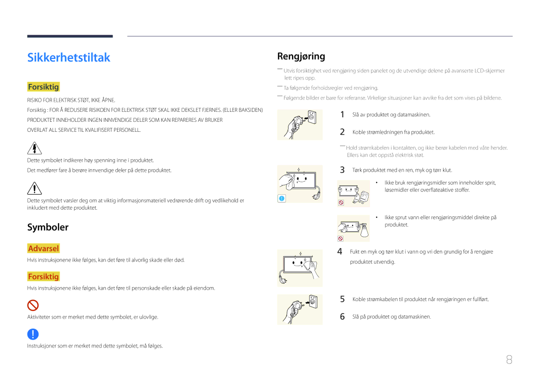 Samsung LH65MDCPLGC/EN manual Sikkerhetstiltak, Rengjøring, Symboler, Forsiktig 