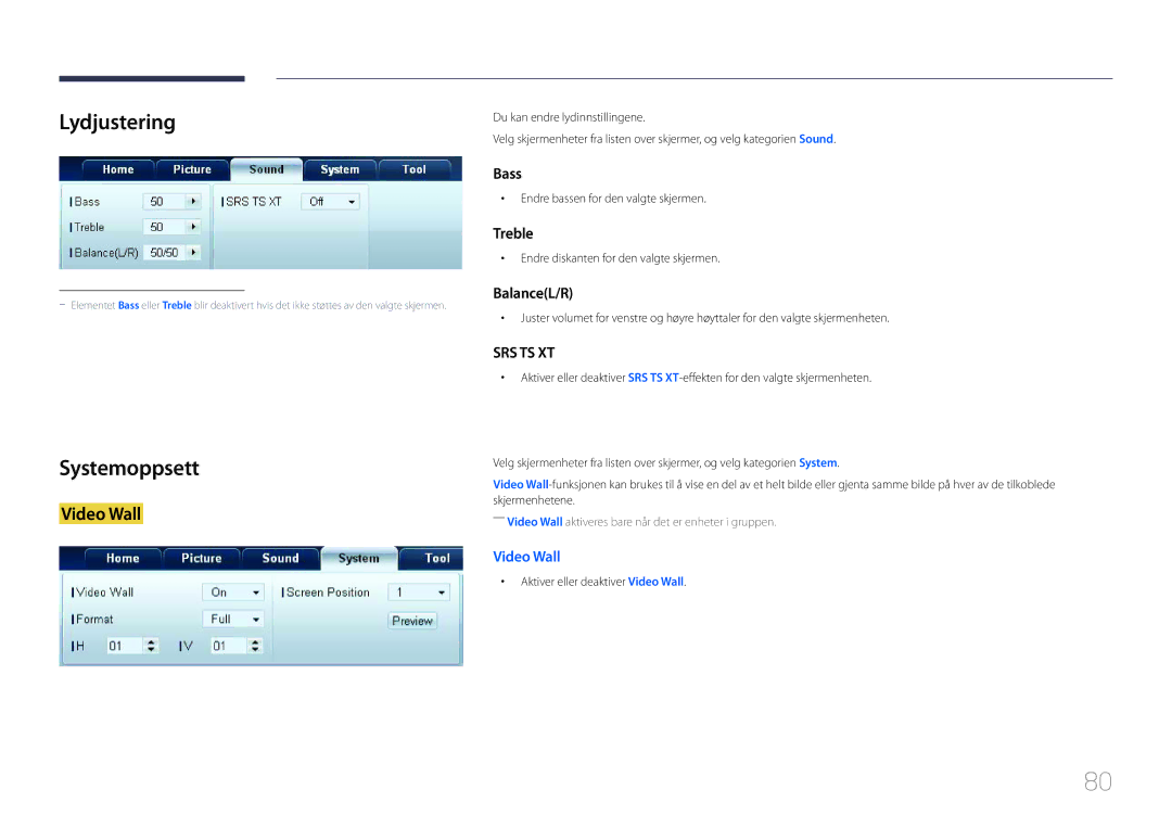 Samsung LH65MDCPLGC/EN manual Lydjustering, Systemoppsett, Endre bassen for den valgte skjermen 