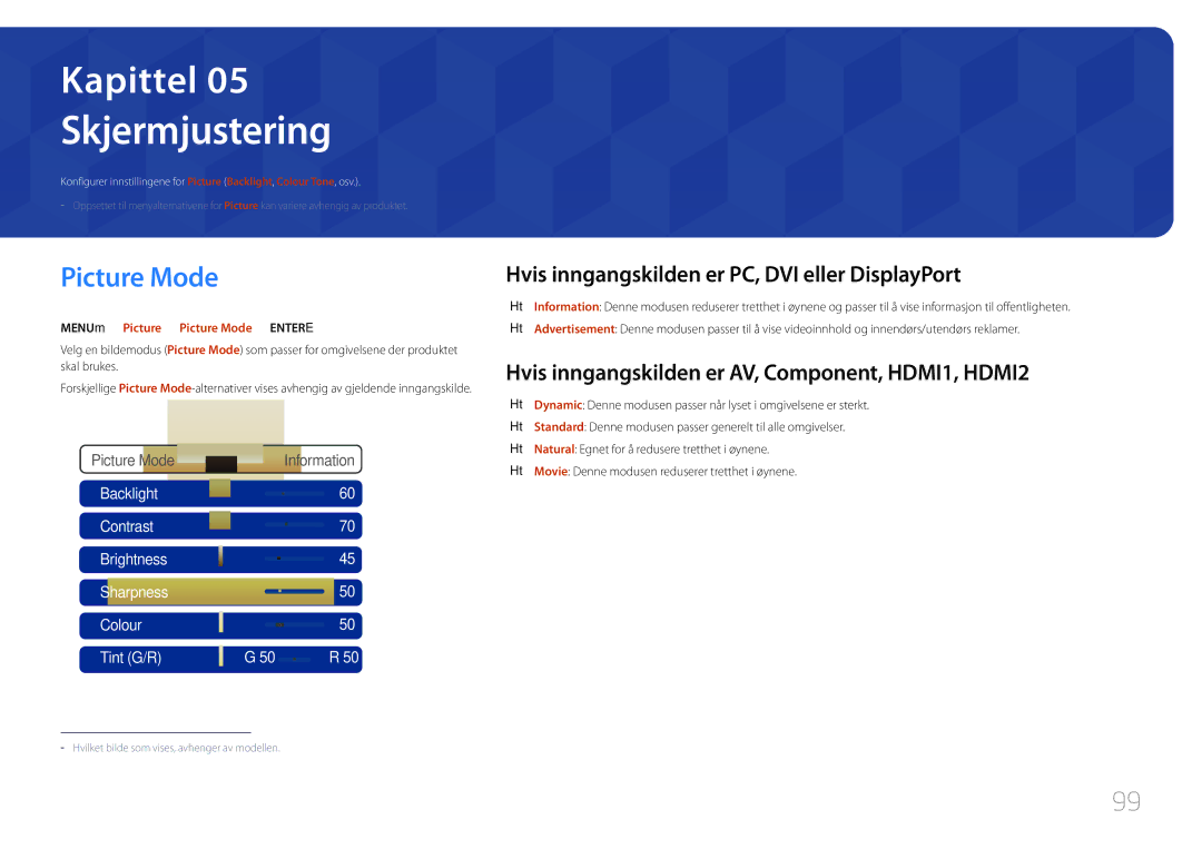 Samsung LH65MDCPLGC/EN manual Skjermjustering, Picture Mode, Hvis inngangskilden er PC, DVI eller DisplayPort 