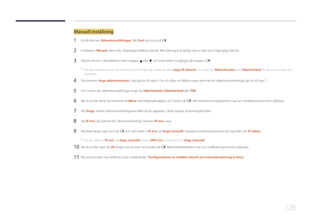 Samsung LH65MDCPLGC/EN manual 126, Manuell inställning 