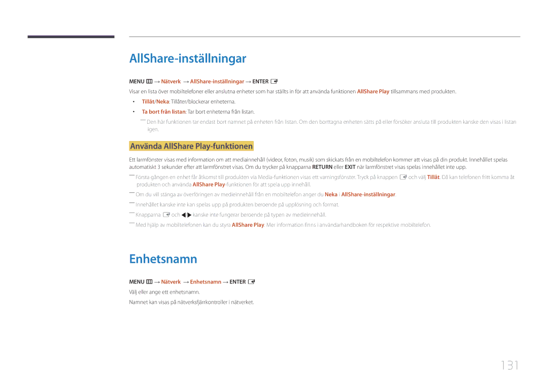 Samsung LH65MDCPLGC/EN manual AllShare-inställningar, Enhetsnamn, 131, Använda AllShare Play-funktionen 