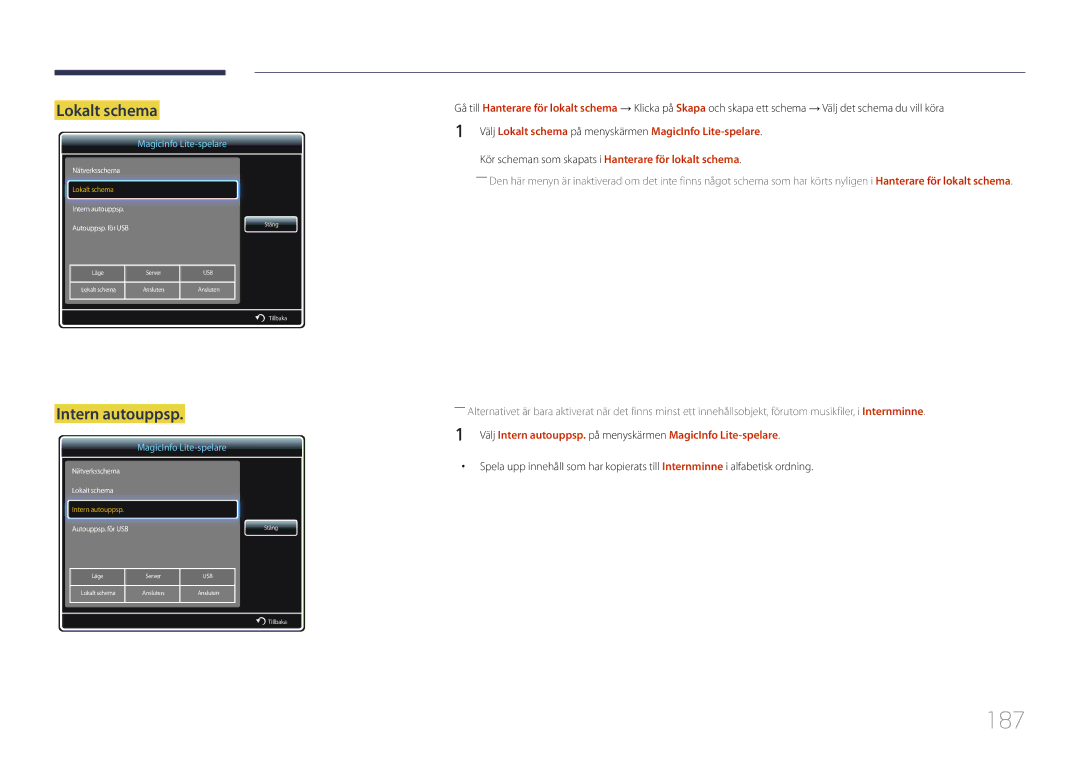 Samsung LH65MDCPLGC/EN manual 187, Lokalt schema, Intern autouppsp 