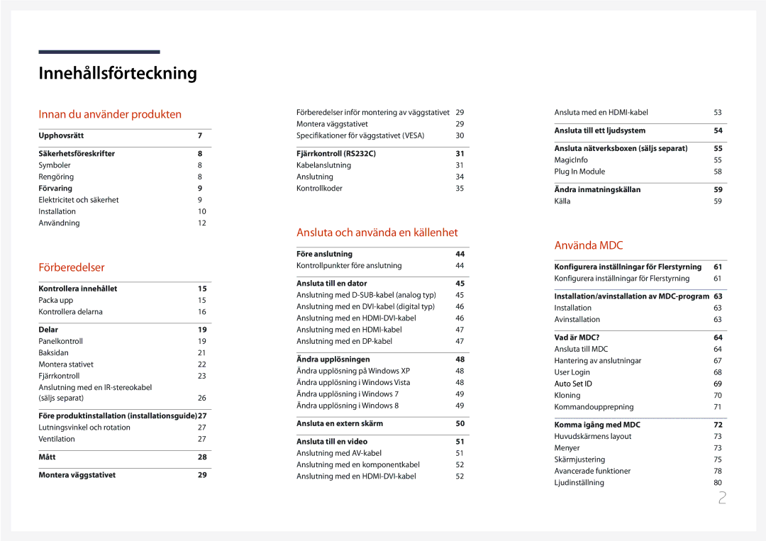 Samsung LH65MDCPLGC/EN manual Innehållsförteckning 