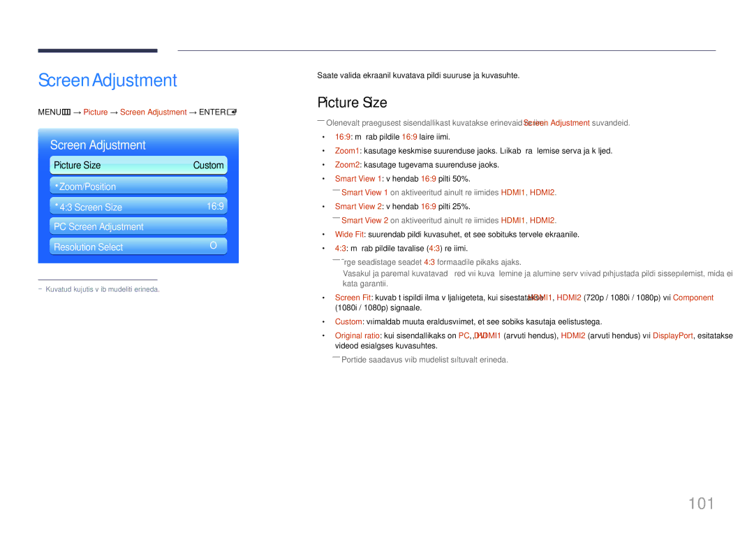 Samsung LH65MDCPLGC/EN manual 101, Picture Size, MENUm → Picture → Screen Adjustment → Entere 