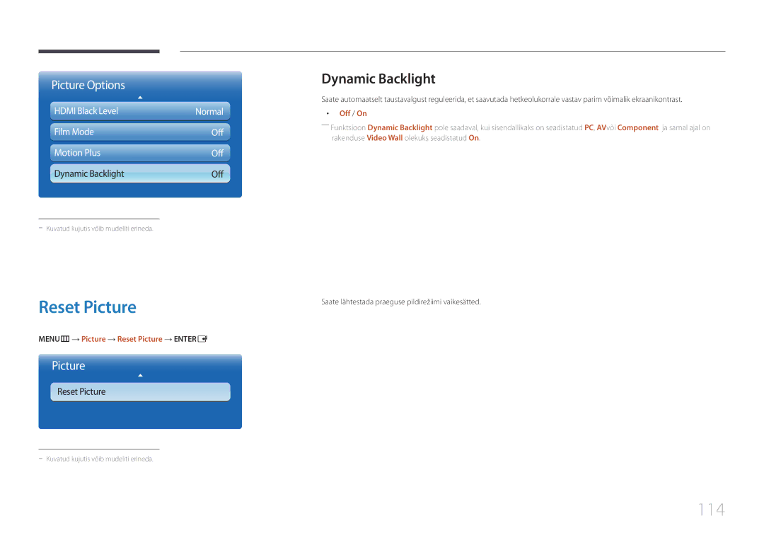 Samsung LH65MDCPLGC/EN manual 114, Dynamic Backlight, MENUm → Picture → Reset Picture → Entere 