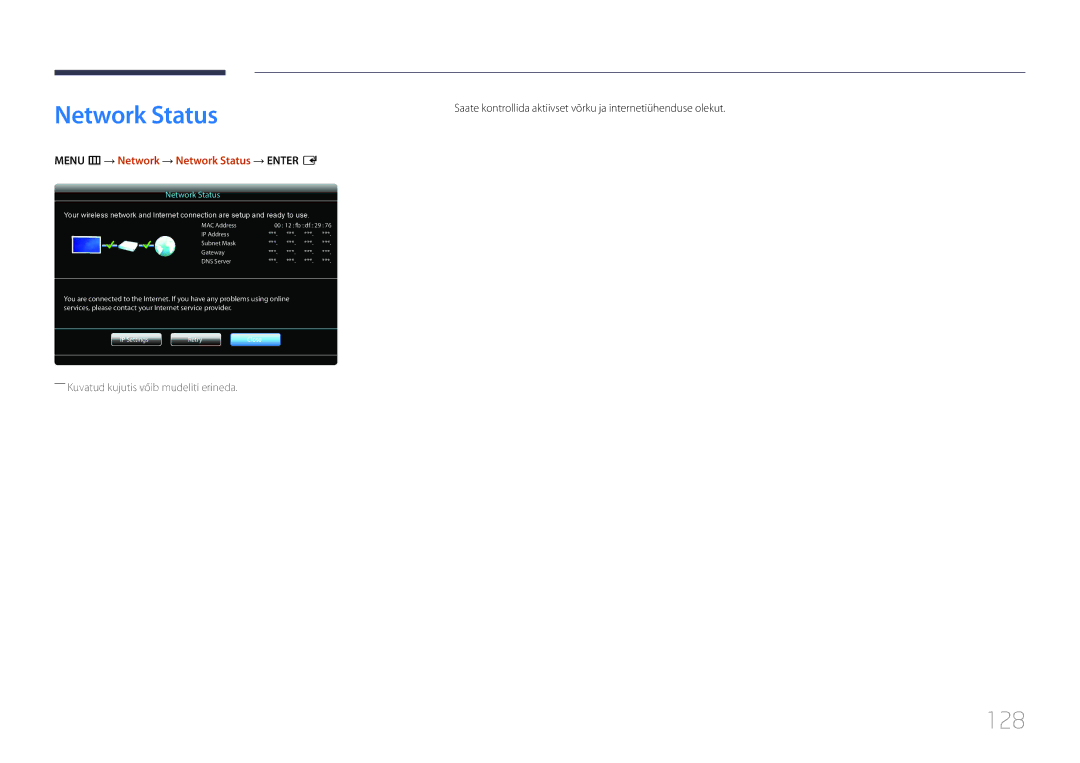 Samsung LH65MDCPLGC/EN manual 128, Menu m → Network → Network Status → Enter E 