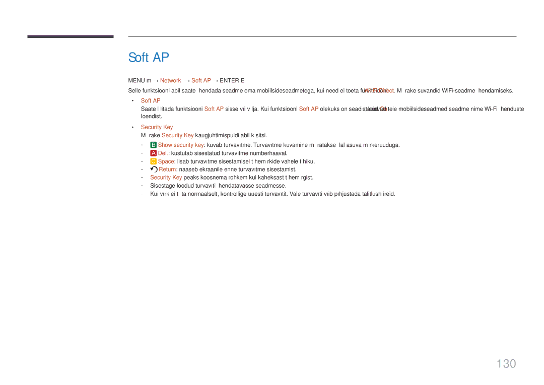 Samsung LH65MDCPLGC/EN manual 130, Menu m → Network → Soft AP → Enter E, Security Key 