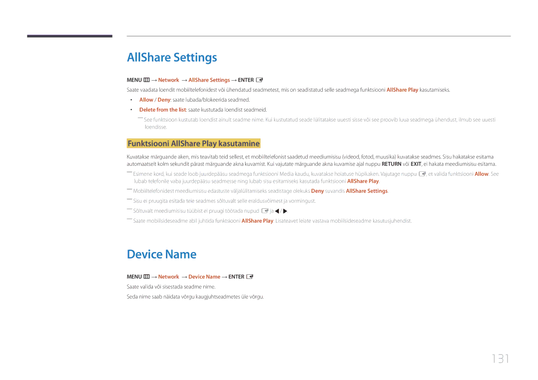 Samsung LH65MDCPLGC/EN manual AllShare Settings, Device Name, 131, Funktsiooni AllShare Play kasutamine 