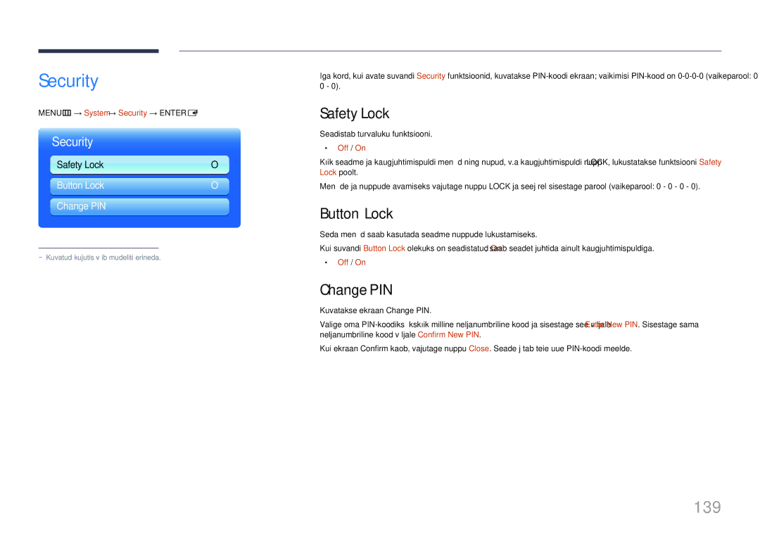 Samsung LH65MDCPLGC/EN manual Security, 139, Safety Lock, Button Lock, Change PIN 