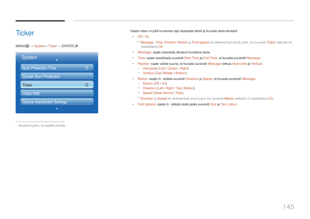 Samsung LH65MDCPLGC/EN manual 145, MENUm → System → Ticker → Entere, Vertical Top / Middle / Bottom 