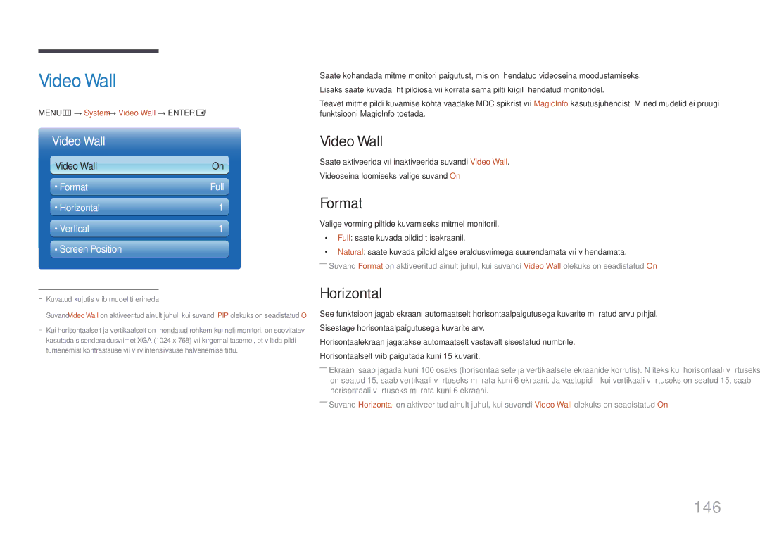 Samsung LH65MDCPLGC/EN manual Video Wall, 146, Format, Horizontal 