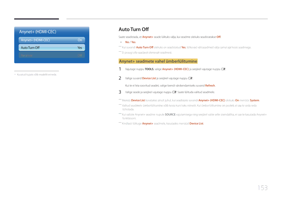 Samsung LH65MDCPLGC/EN manual 153, Auto Turn Off, Anynet+ seadmete vahel ümberlülitumine, No / Yes 