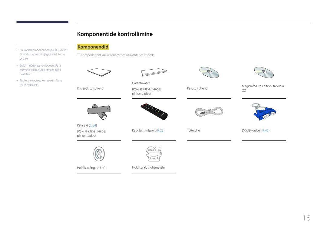 Samsung LH65MDCPLGC/EN manual Komponentide kontrollimine, Komponendid, Garantiikaart 