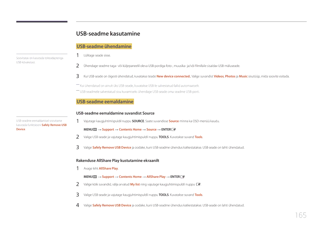 Samsung LH65MDCPLGC/EN manual 165, USB-seadme kasutamine, USB-seadme ühendamine, USB-seadme eemaldamine 