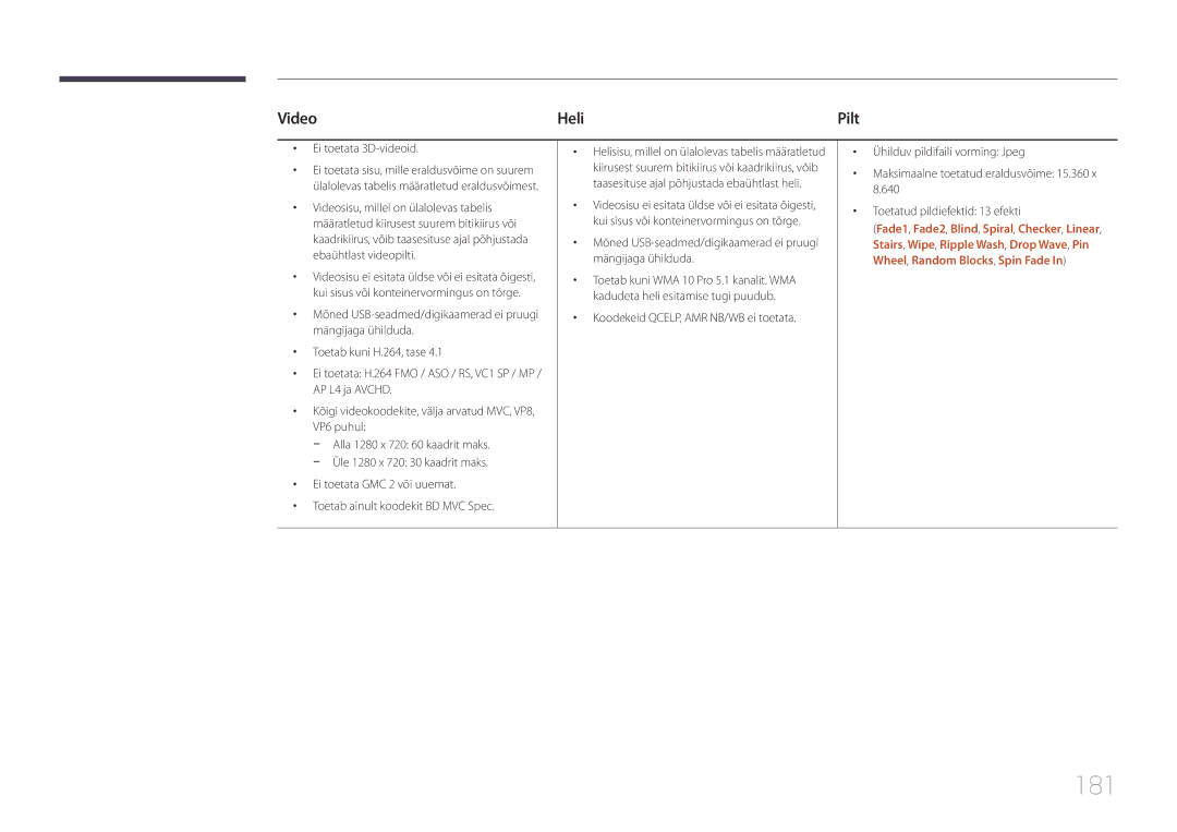 Samsung LH65MDCPLGC/EN manual 181, Video Heli, Ei toetata 3D-videoid 