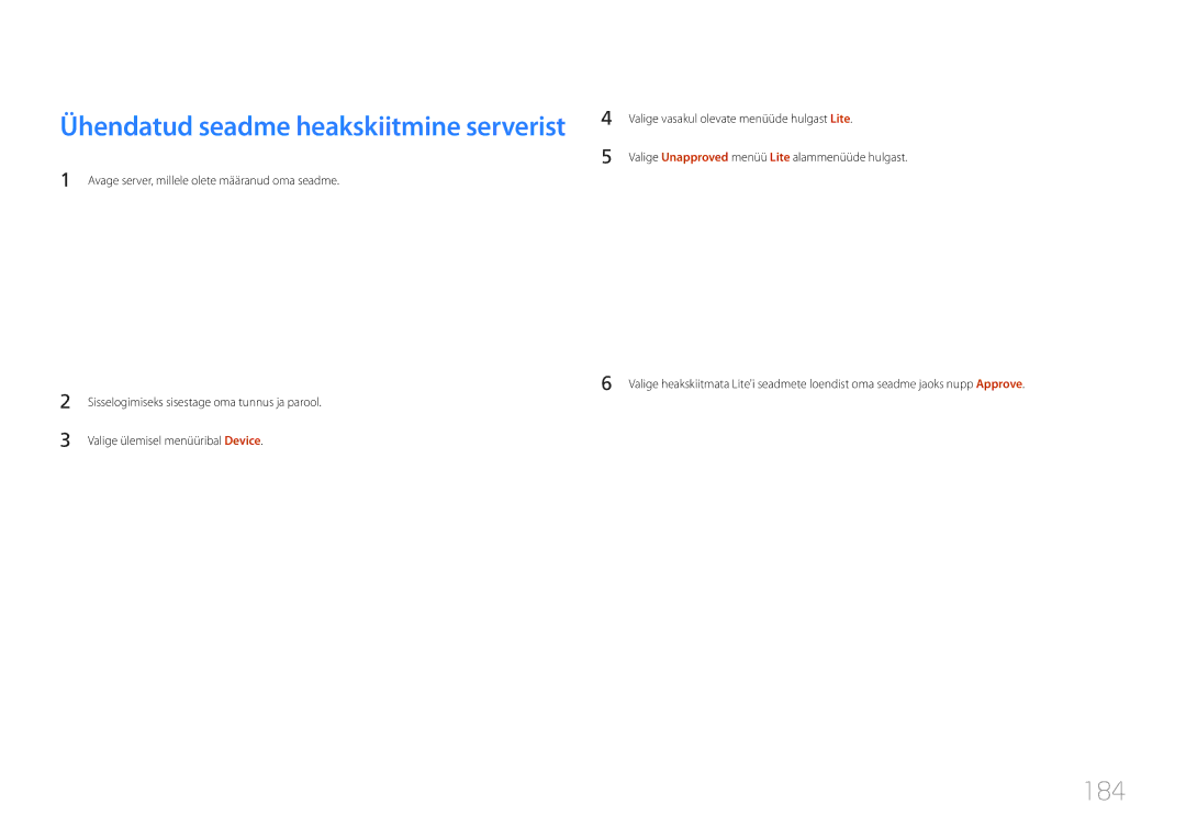 Samsung LH65MDCPLGC/EN manual Ühendatud seadme heakskiitmine serverist, 184 