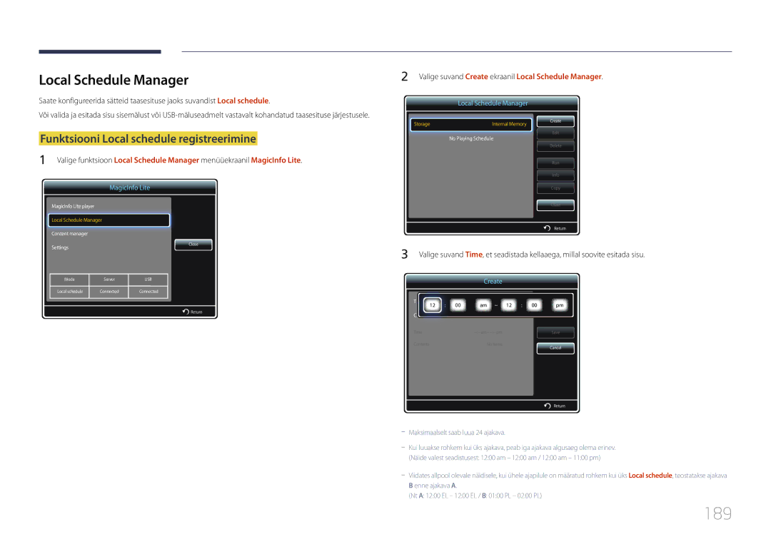 Samsung LH65MDCPLGC/EN manual 189, Local Schedule Manager, Funktsiooni Local schedule registreerimine 