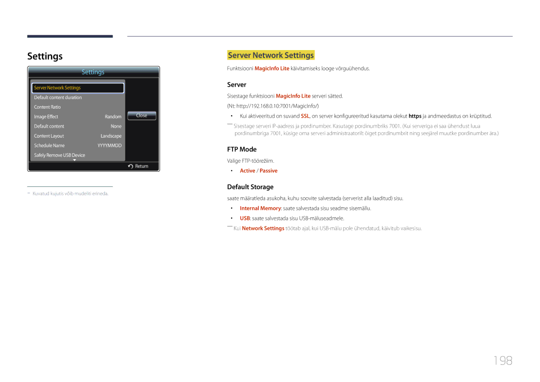 Samsung LH65MDCPLGC/EN manual 198, Server Network Settings, Active / Passive 