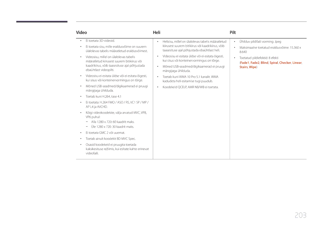 Samsung LH65MDCPLGC/EN manual 203, Fade1, Fade2, Blind, Spiral, Checker, Linear, Stairs, Wipe 