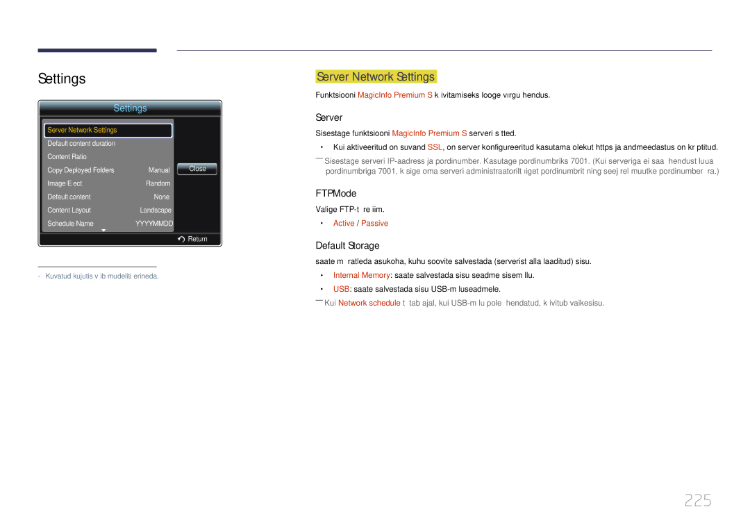 Samsung LH65MDCPLGC/EN manual 225, Settings 