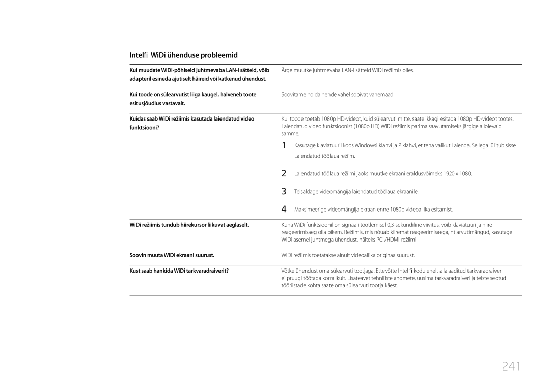 Samsung LH65MDCPLGC/EN manual 241, WiDi režiimis tundub hiirekursor liikuvat aeglaselt, Soovin muuta WiDi ekraani suurust 