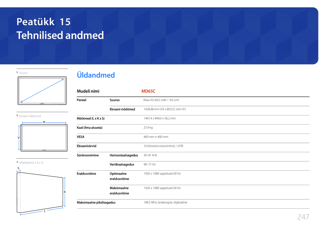 Samsung LH65MDCPLGC/EN manual Tehnilised andmed, Üldandmed, 247 