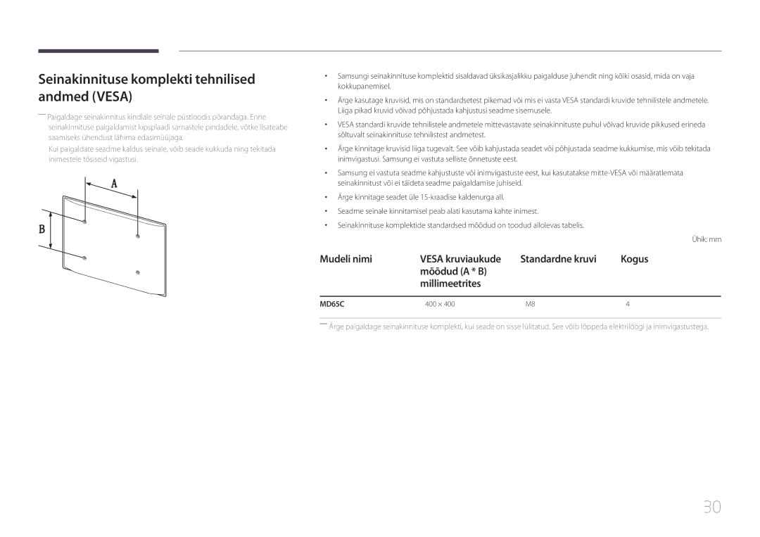 Samsung LH65MDCPLGC/EN manual Seinakinnituse komplekti tehnilised andmed Vesa, 400 × 