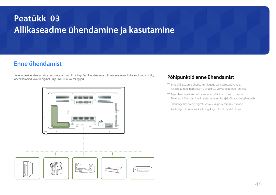 Samsung LH65MDCPLGC/EN manual Allikaseadme ühendamine ja kasutamine, Enne ühendamist, Põhipunktid enne ühendamist 