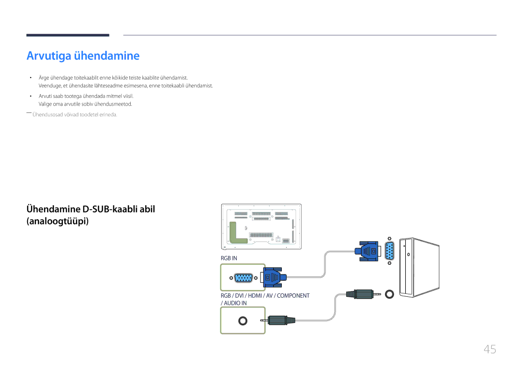 Samsung LH65MDCPLGC/EN manual Arvutiga ühendamine, Ühendamine D-SUB-kaabli abil analoogtüüpi 