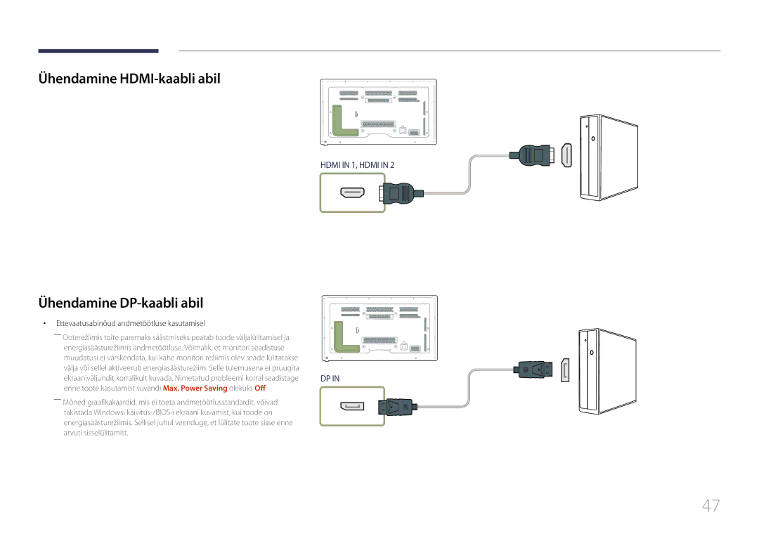 Samsung LH65MDCPLGC/EN Ühendamine HDMI-kaabli abil, Ühendamine DP-kaabli abil, Ettevaatusabinõud andmetöötluse kasutamisel 