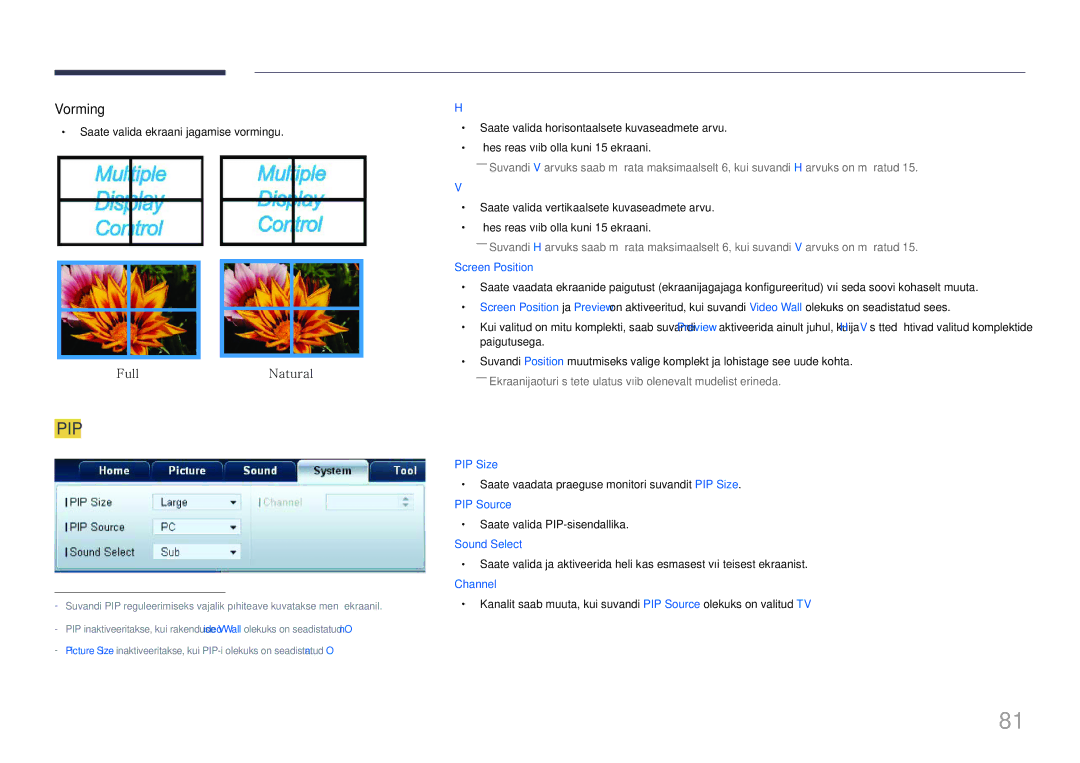 Samsung LH65MDCPLGC/EN manual Saate valida ekraani jagamise vormingu, Saate vaadata praeguse monitori suvandit PIP Size 