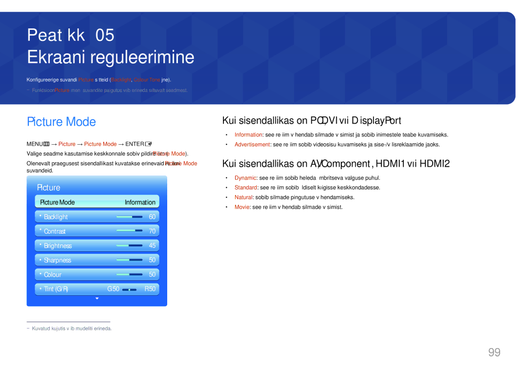 Samsung LH65MDCPLGC/EN manual Ekraani reguleerimine, Picture Mode, Kui sisendallikas on PC, DVI või DisplayPort 