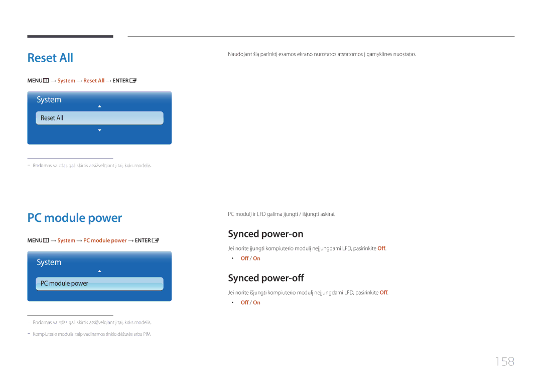 Samsung LH65MDCPLGC/EN manual Reset All, PC module power, 158, Synced power-on, Synced power-off 