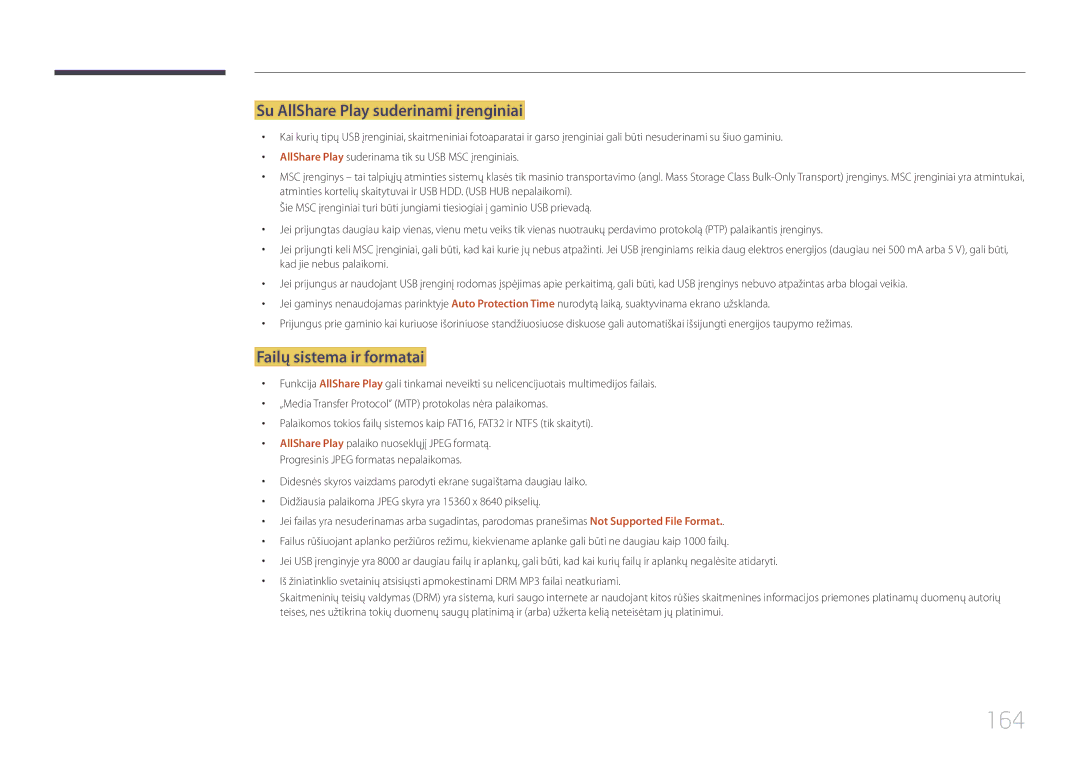 Samsung LH65MDCPLGC/EN manual 164, Su AllShare Play suderinami įrenginiai, Failų sistema ir formatai 