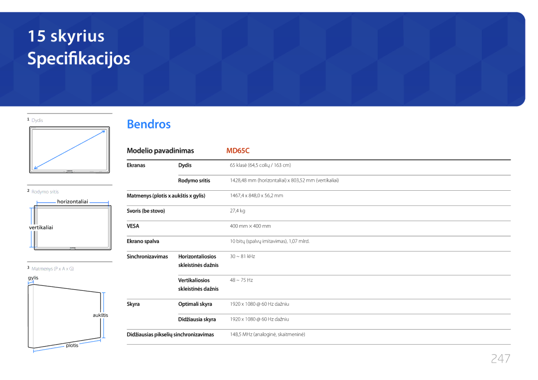 Samsung LH65MDCPLGC/EN manual Specifikacijos, Bendros, 247, Modelio pavadinimas 