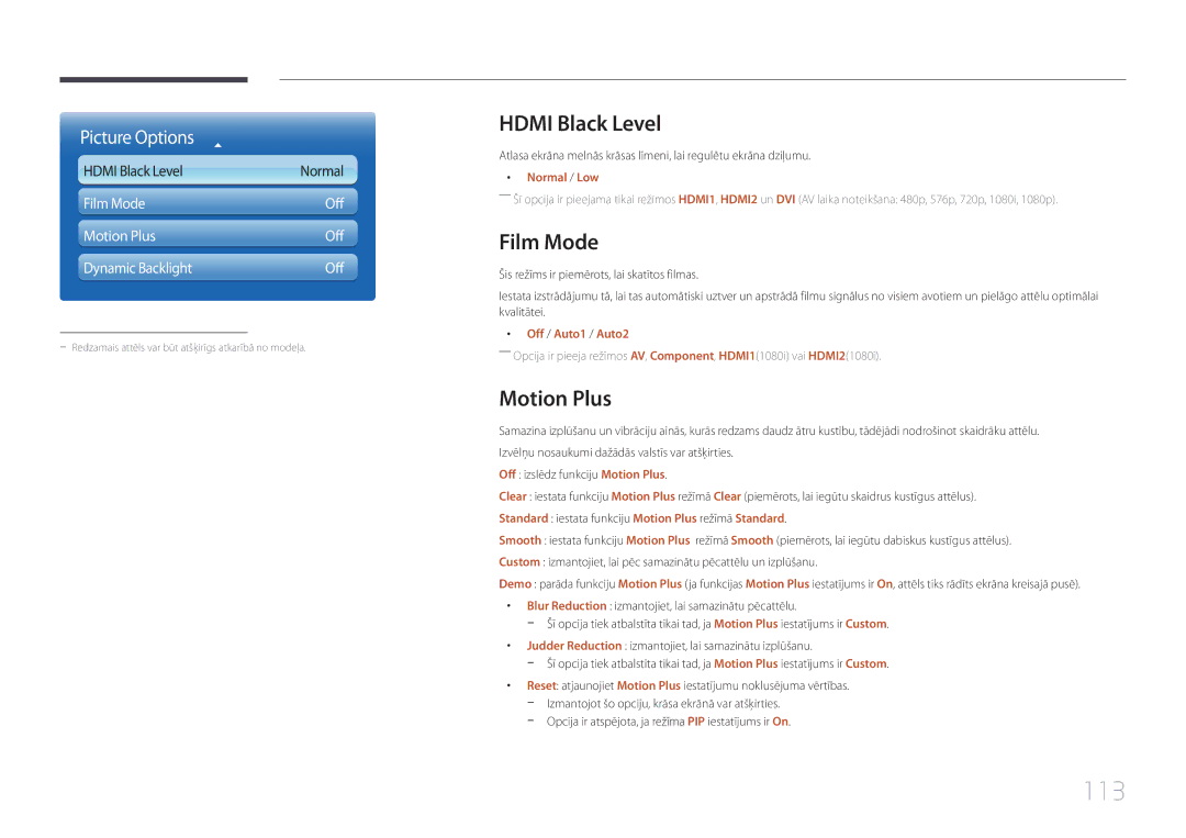 Samsung LH65MDCPLGC/EN manual 113, Hdmi Black Level, Film Mode, Motion Plus 