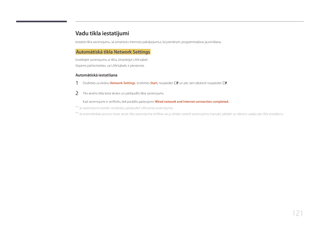 Samsung LH65MDCPLGC/EN manual 121, Vadu tīkla iestatījumi, Automātiskā tīkla Network Settings 