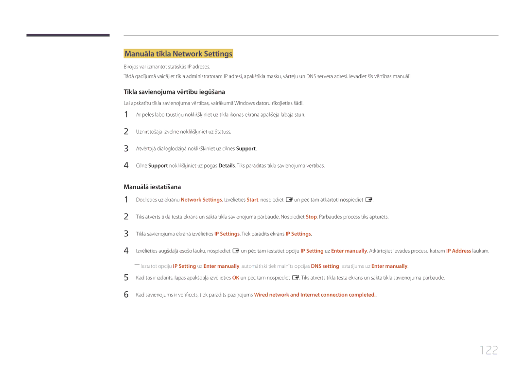 Samsung LH65MDCPLGC/EN manual 122, Manuāla tīkla Network Settings 