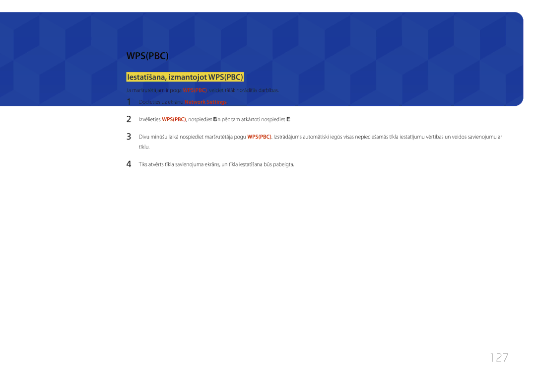 Samsung LH65MDCPLGC/EN manual 127, Iestatīšana, izmantojot Wpspbc, Tīklu 