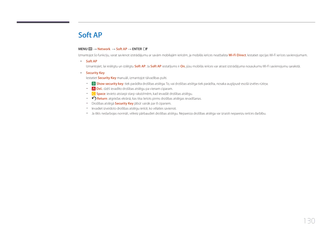 Samsung LH65MDCPLGC/EN manual 130, Menu m → Network → Soft AP → Enter E, Security Key 