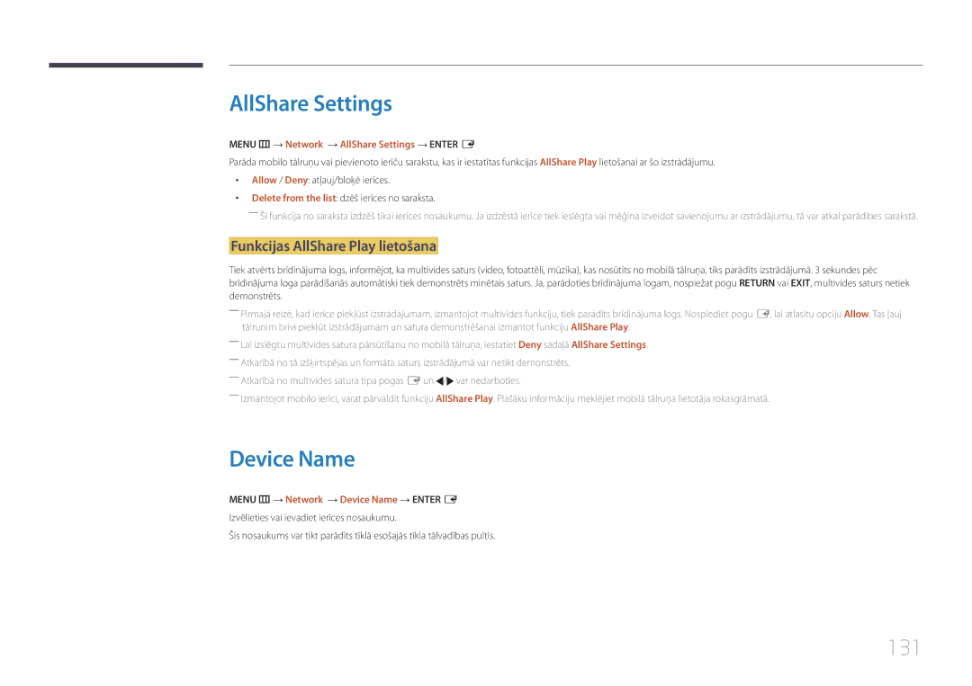 Samsung LH65MDCPLGC/EN manual AllShare Settings, Device Name, 131, Funkcijas AllShare Play lietošana 