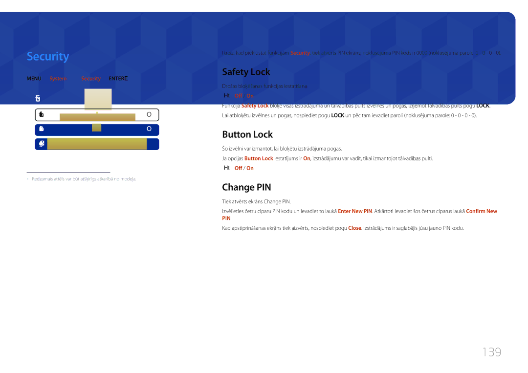 Samsung LH65MDCPLGC/EN manual Security, 139, Safety Lock, Button Lock, Change PIN 