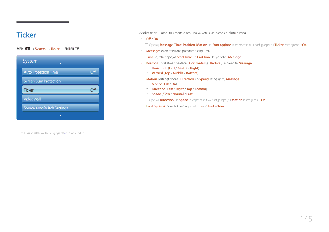 Samsung LH65MDCPLGC/EN manual 145, MENUm → System → Ticker → Entere, Vertical Top / Middle / Bottom 