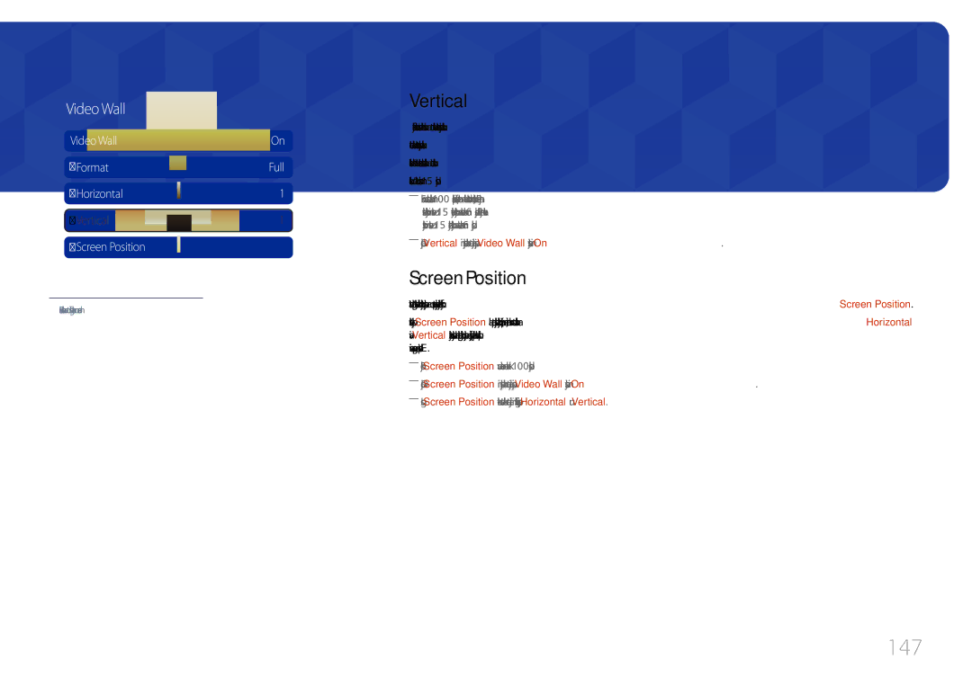 Samsung LH65MDCPLGC/EN manual 147, Vertical, Screen Position 