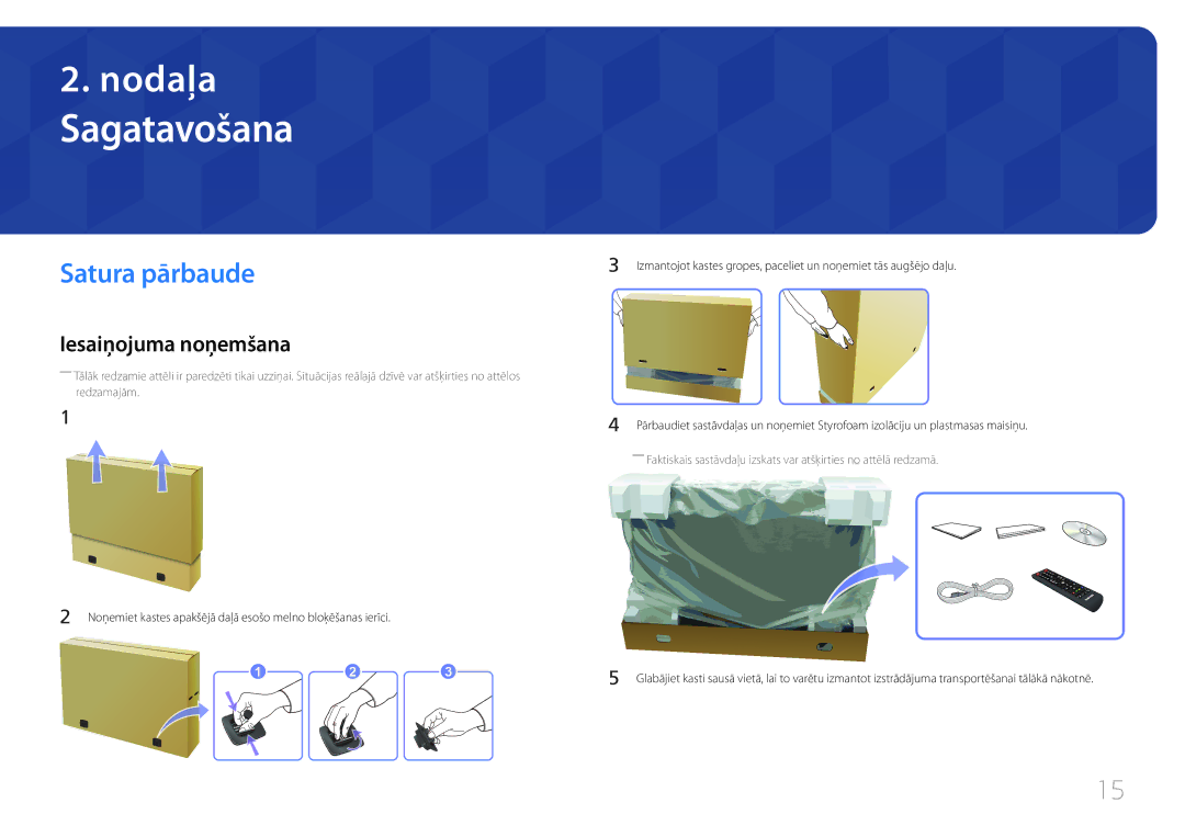 Samsung LH65MDCPLGC/EN manual Sagatavošana, Satura pārbaude, Iesaiņojuma noņemšana 