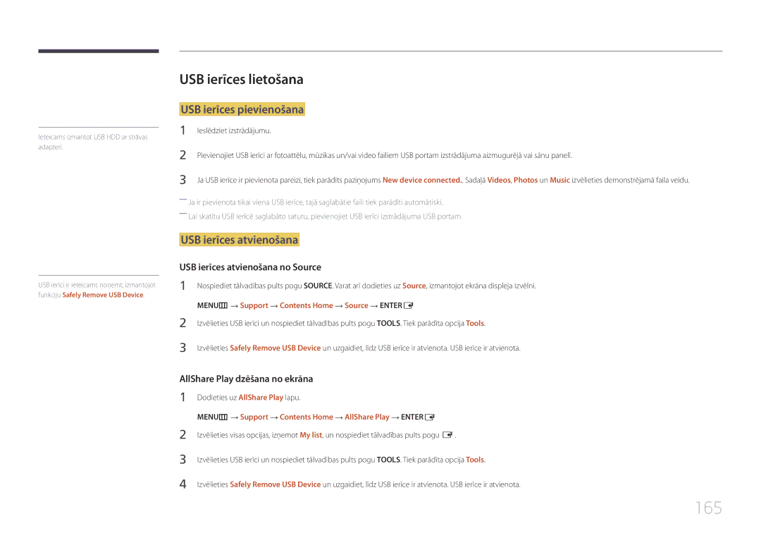 Samsung LH65MDCPLGC/EN manual 165, USB ierīces lietošana, USB ierīces pievienošana, USB ierīces atvienošana 